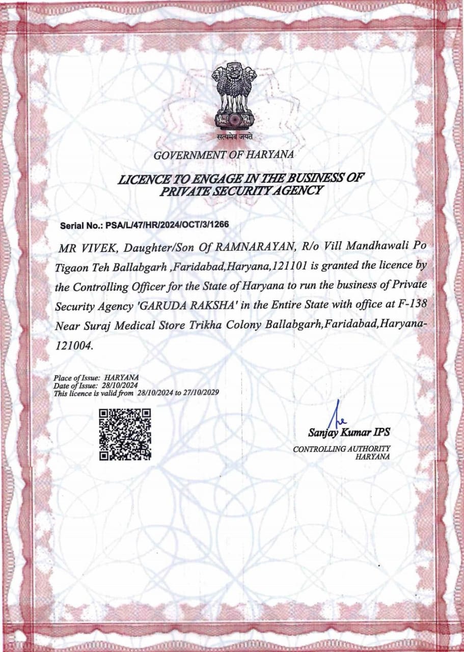 certificate in the company Garuda Raksha